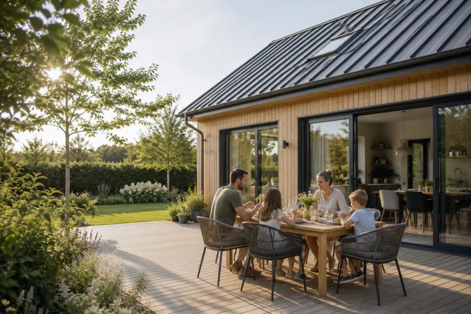 Familie beim Essen auf der Holzterrasse eines Hauses mit heller Holzfassade und anthrazitfarbenem Stehfalz-Blechdach